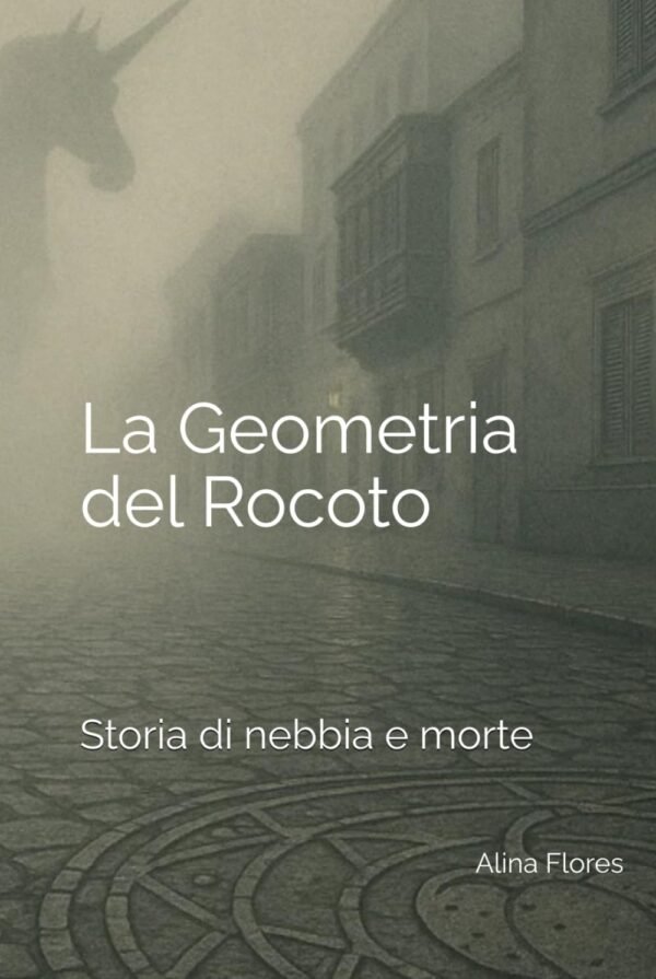 Copertina del romanzo La Geometria del Rocoto di Edizioni Manini, con una strada nebbiosa di Lima e la sagoma di un unicorno nella garúa.