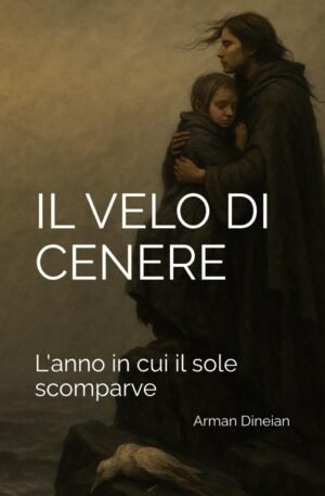 Copertina del romanzo Il Velo di Cenere di Edizioni Manini, con una donna che abbraccia una bambina in un paesaggio cupo e nebbioso.