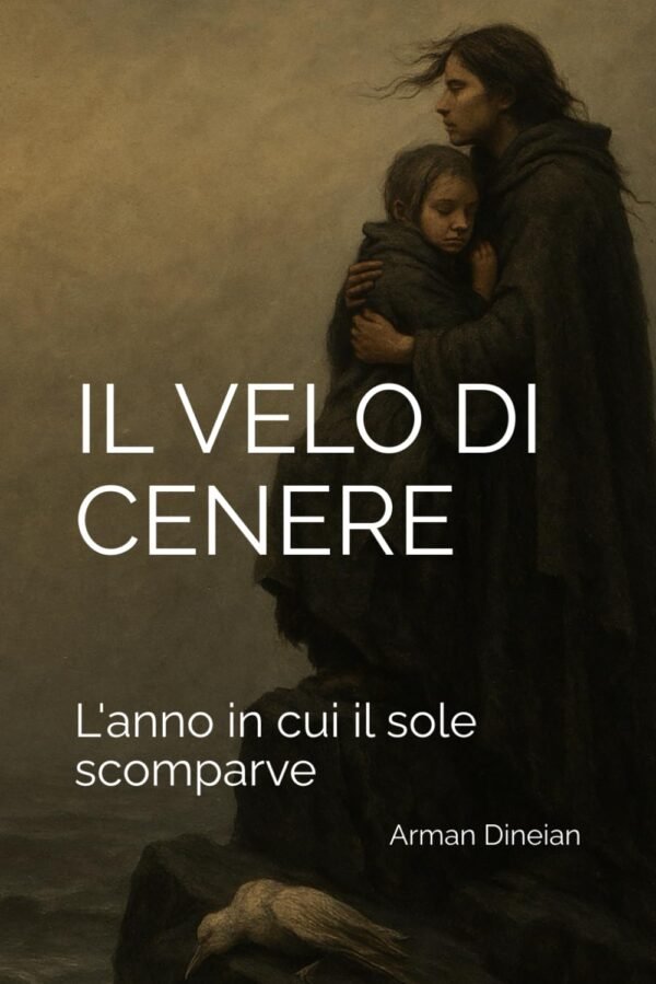 Copertina del romanzo Il Velo di Cenere di Edizioni Manini, con una donna che abbraccia una bambina in un paesaggio cupo e nebbioso.